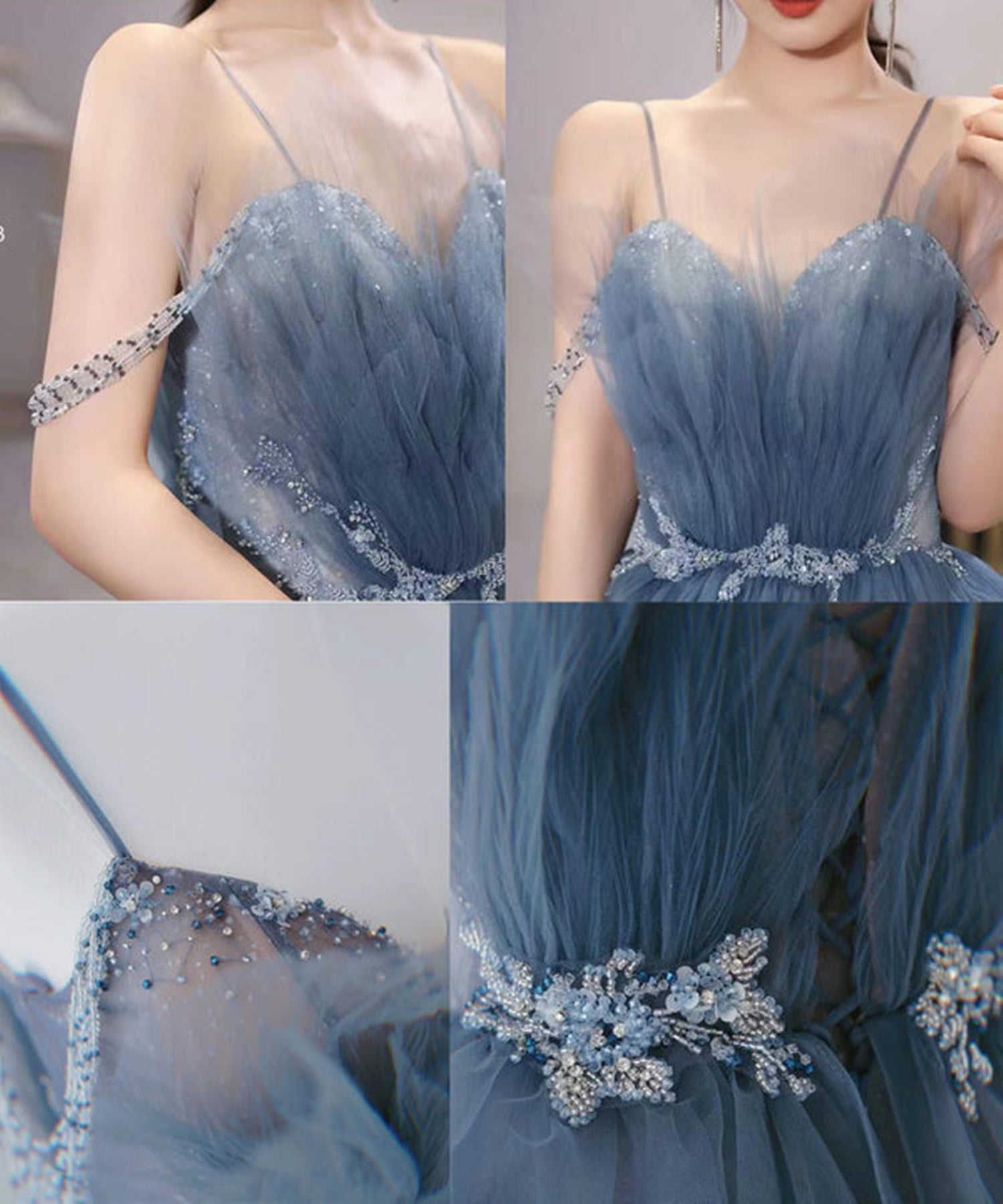 Unthony - Gorgeous Blue Sparkly Tulle Beaded Long Prom Dress
