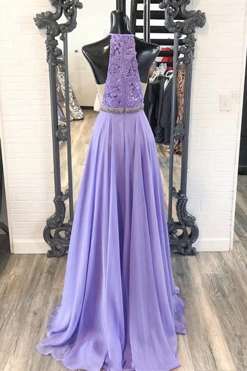 Unthony - A Line Purple Lace Long Prom Dress with Belt