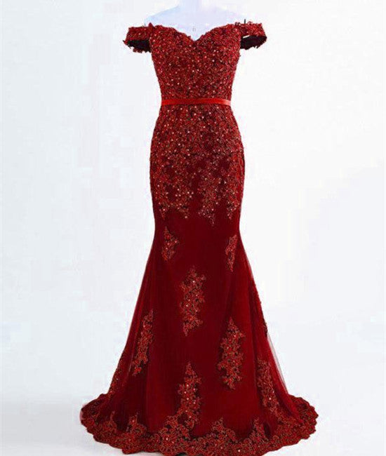 Unthony - A Line Off Shoulder Burgundy Lace Prom Dresses