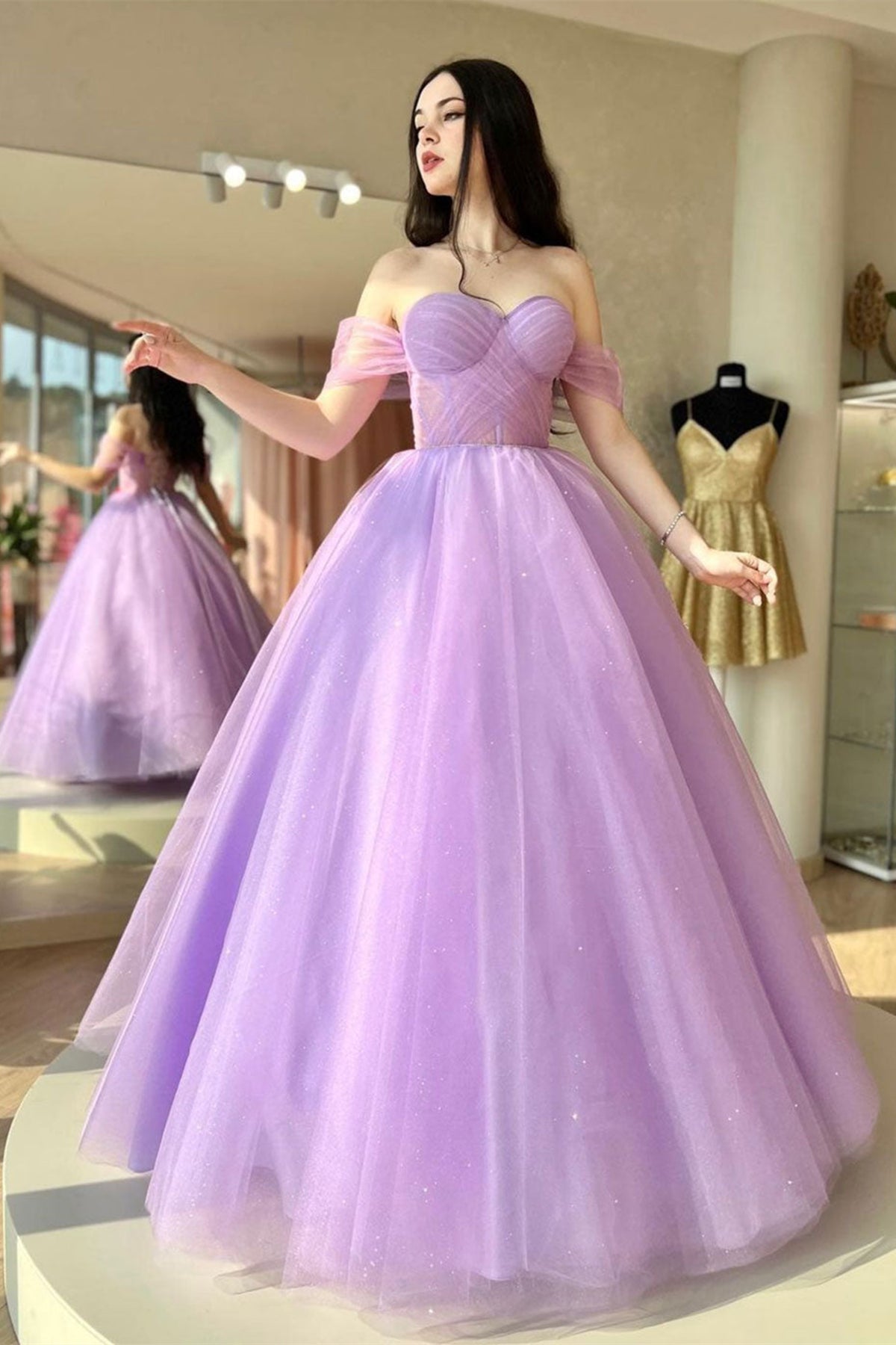 Unthony - Elegant Off Shoulder Purple Tulle Long Prom Dress