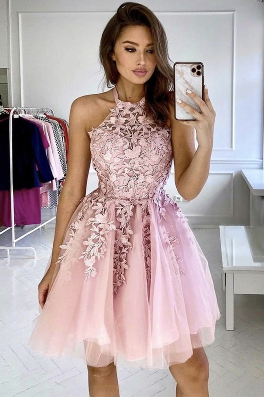 Unthony - Cute Pink Lace Short Prom Homecoming Dress