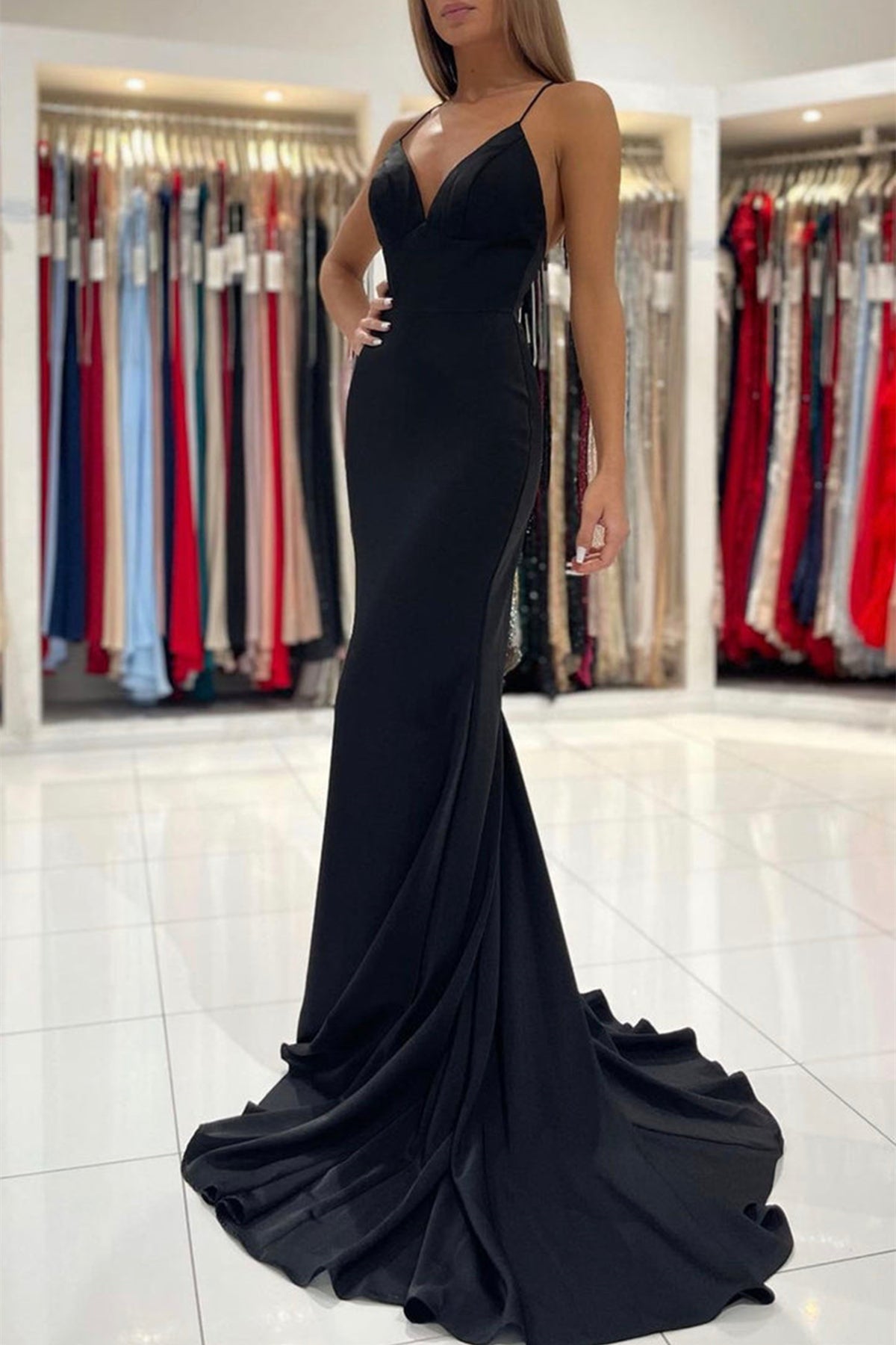 Unthony - Mermaid V Neck Backless Black Long Prom Dress