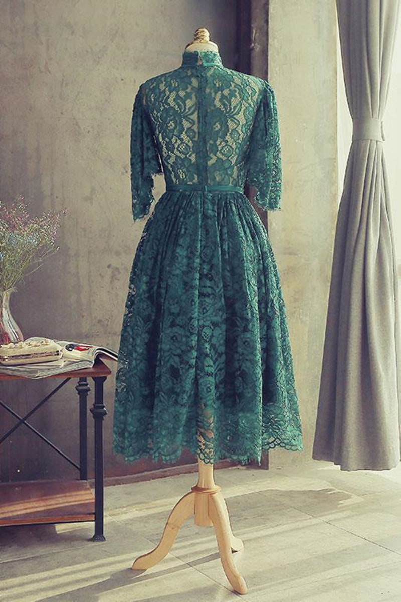Unthony - High Neck Half Sleeves Green Lace Prom Dress