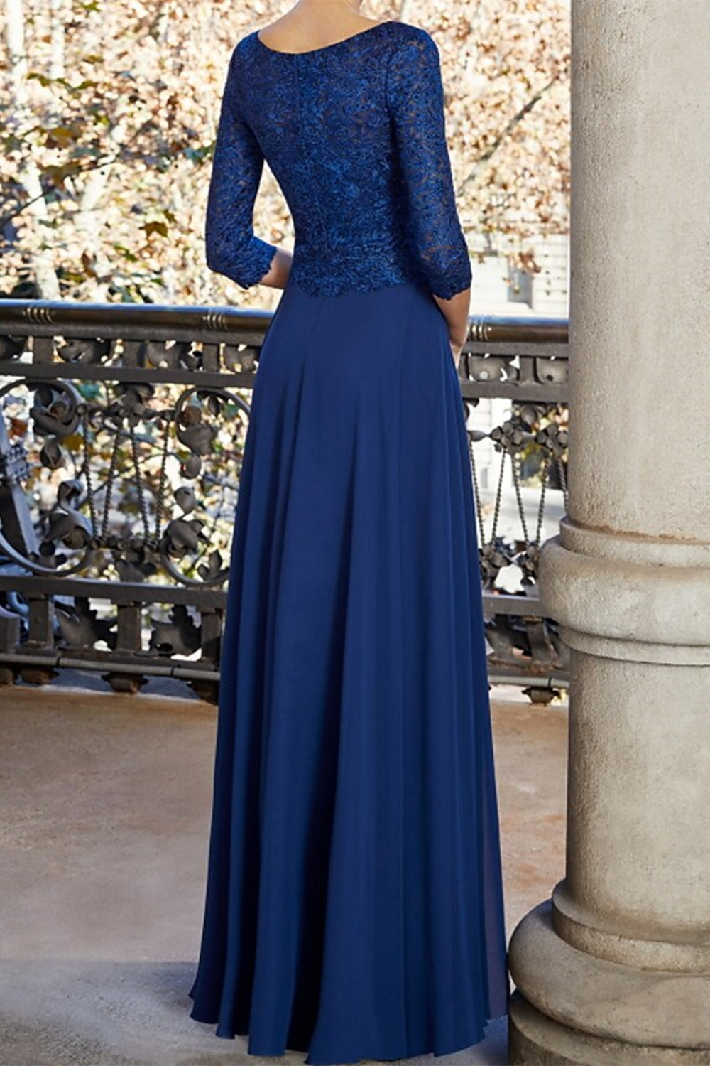 Unthony - Long Sleeve V Neck Blue Chiffon Lace Long Prom Dresses
