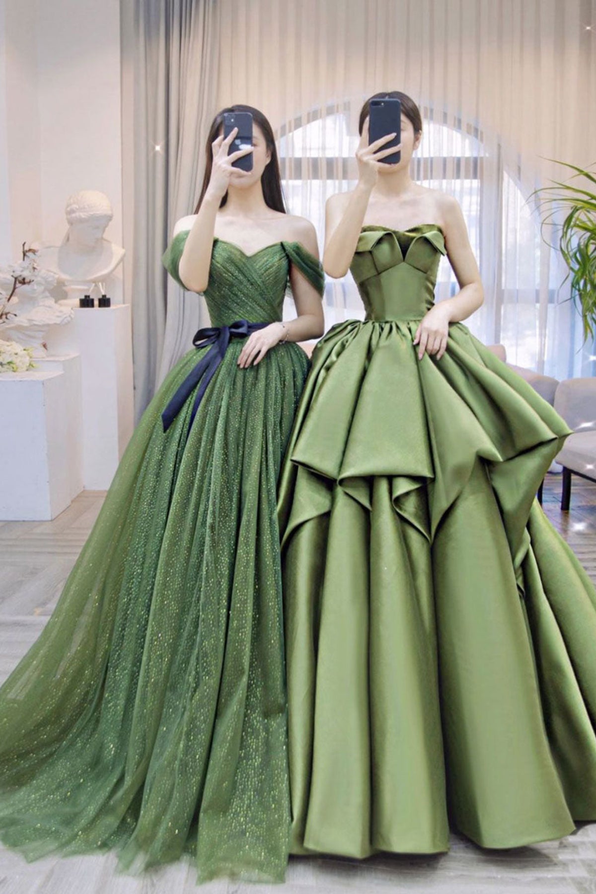 Unthony - Shiny Tulle Off Shoulder Green Long Prom Dress