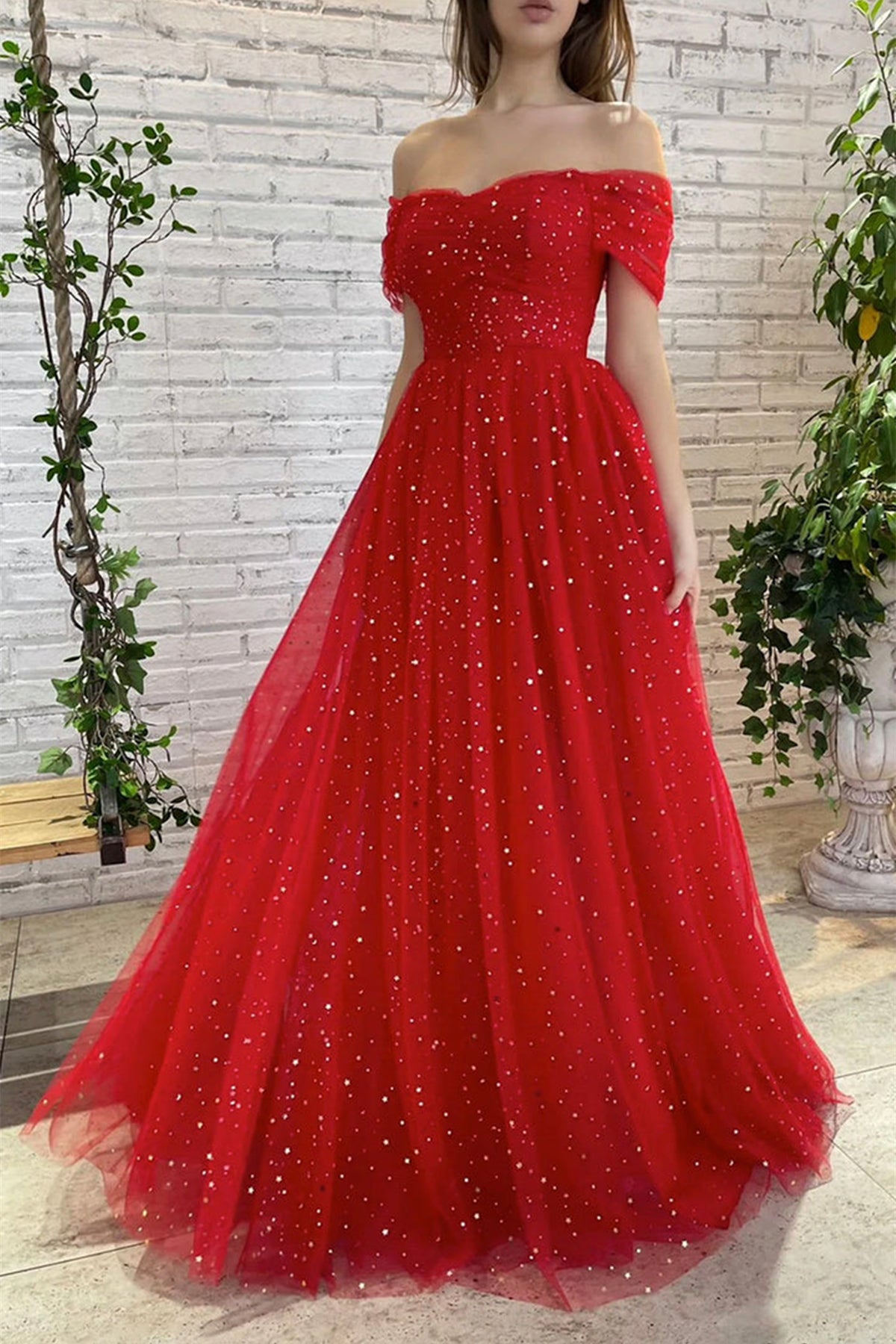 Unthony - Off Shoulder Red Tulle Sequins Long Prom Dress