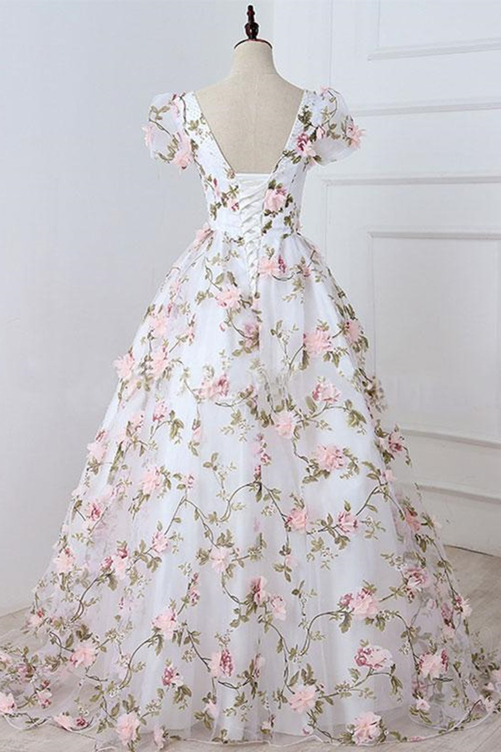 Unthony - Short Sleeves V Neck Pink 3D Flower White Long Prom Dress
