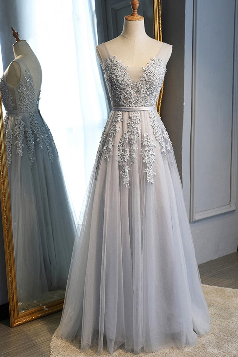 Unthony - Charming Light Gray Lace V Neck Long Prom Dress