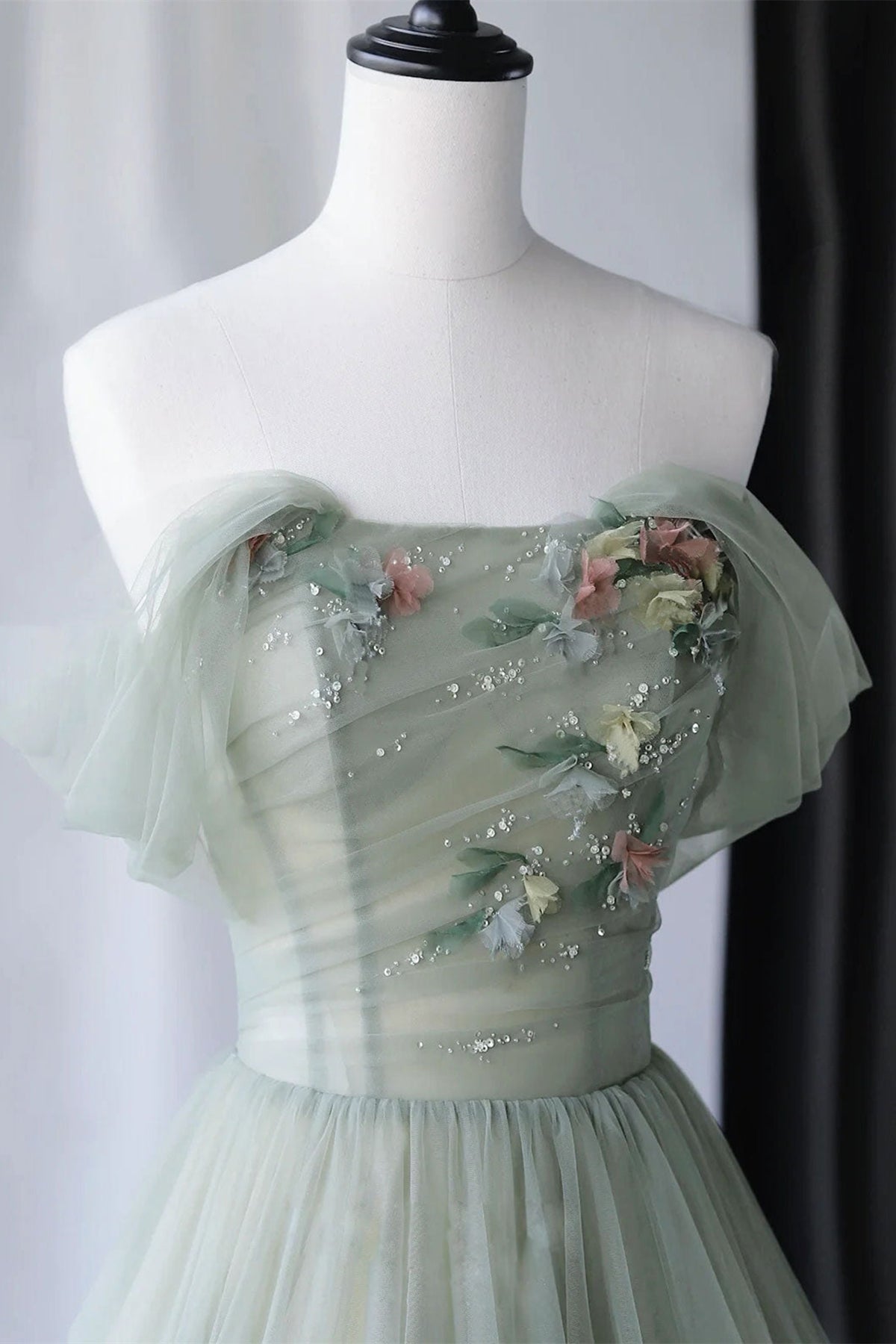 Unthony - Off Shoulder Green Tulle Floral Long Prom Dresses