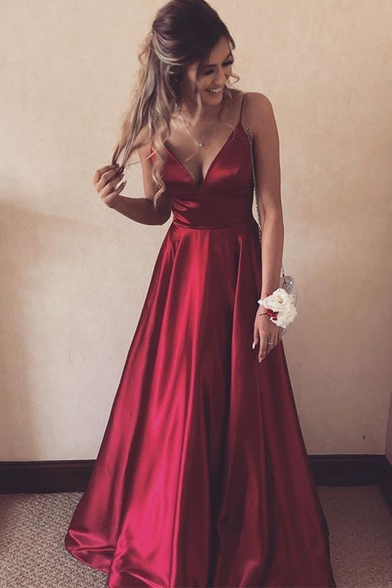 Unthony - A Line V Neck Burgundy Satin Long Prom Dress