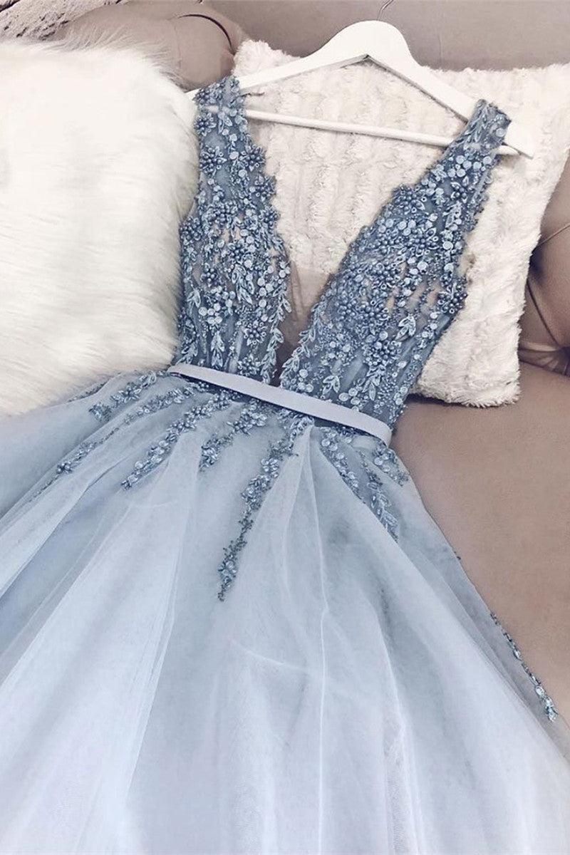 Unthony - Light Blue A Line V Neck Backless Beaded Top Tulle Long Prom Dress