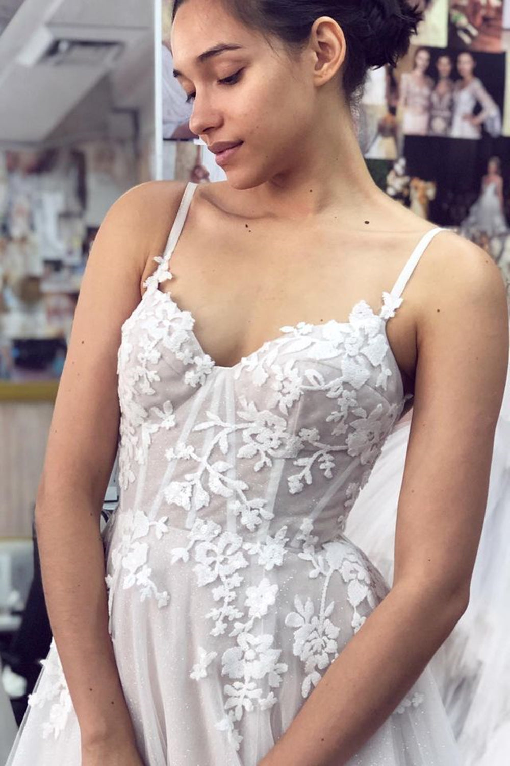 Unthony - Thin Straps Backless White Lace Long Prom Wedding Dress