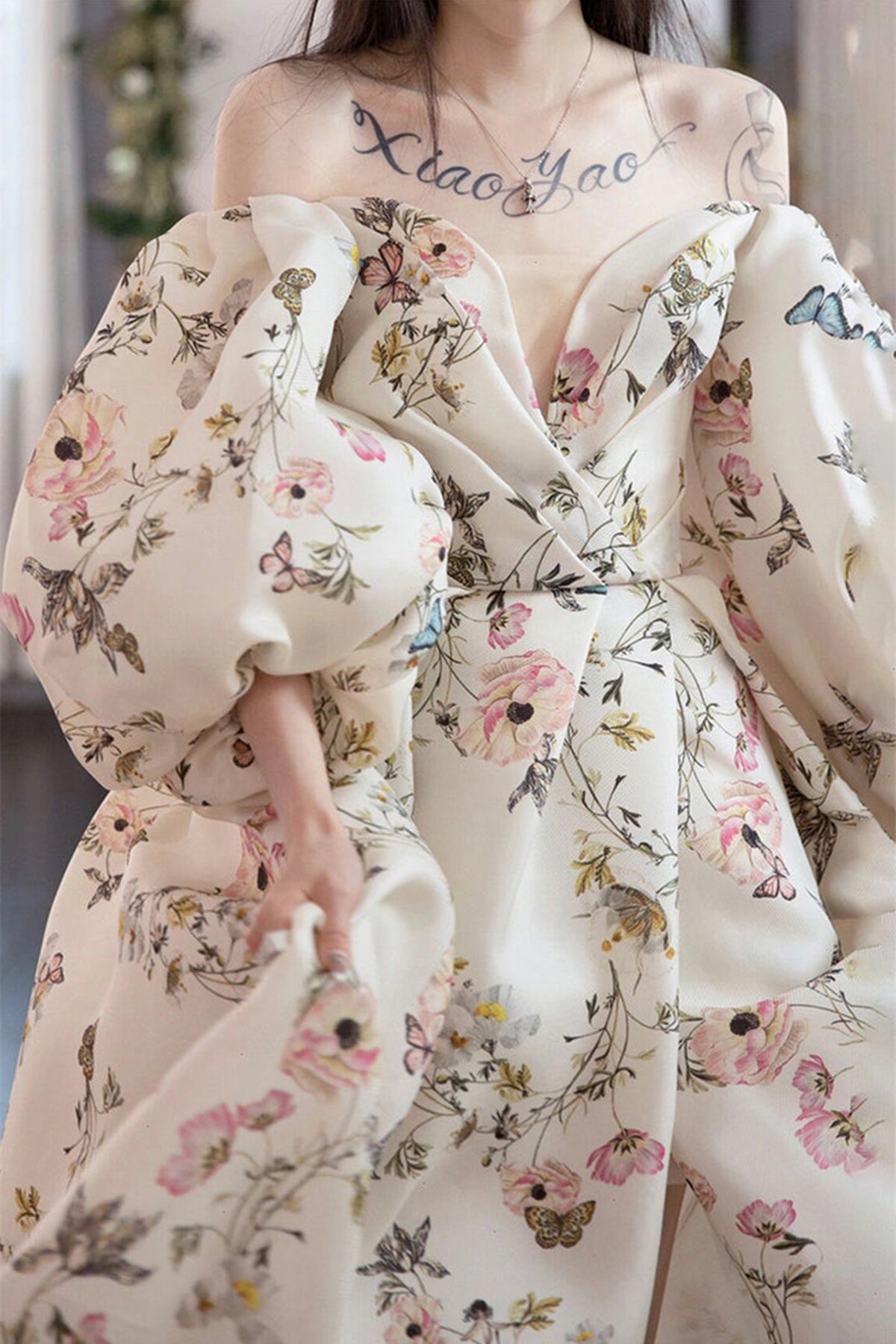 Unthony - Stylish Long Sleeves Printed Pattern Long Prom Dress with High Slit