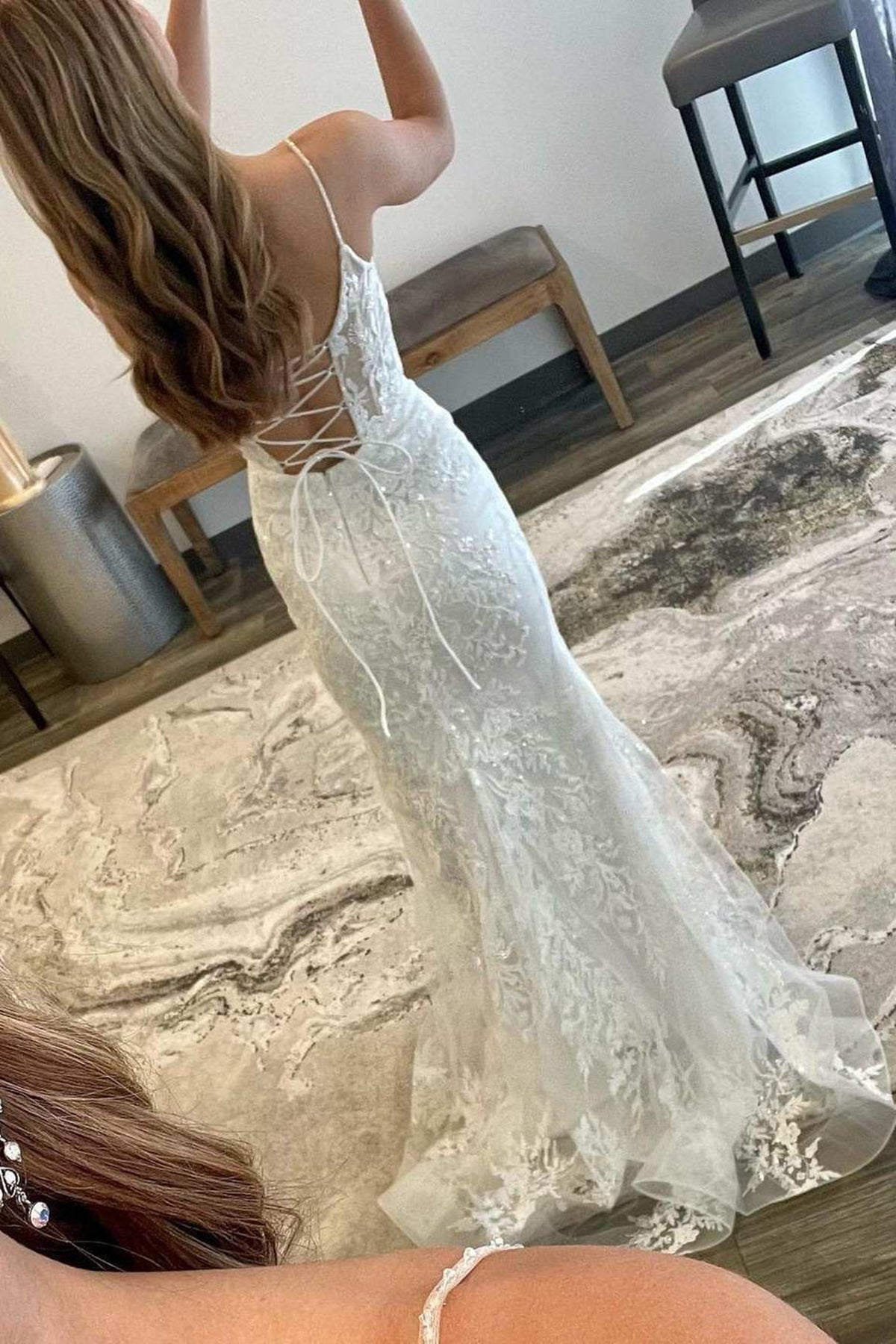 Unthony - Backless Mermaid White Lace Long Prom Dress