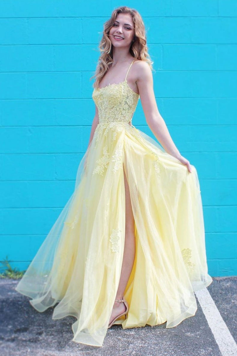 Unthony - A Line Spaghetti Straps Yellow Lace Long Prom Dress with Slit
