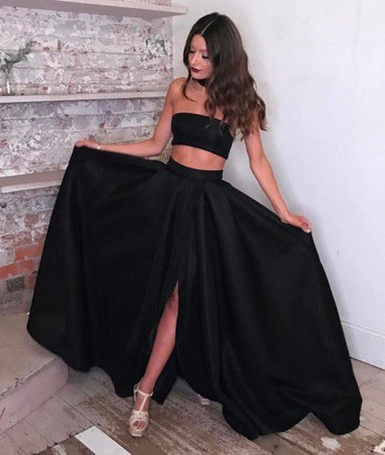 Unthony - Black A Line 2 Pieces Satin Long Prom Dress with Leg Slit