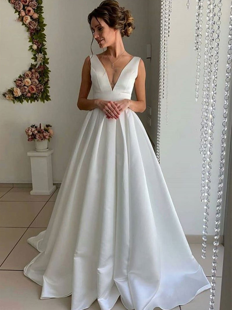 Unthony - A Line V Neck Pleated Satin White Long Prom Dresses Wedding Dresses
