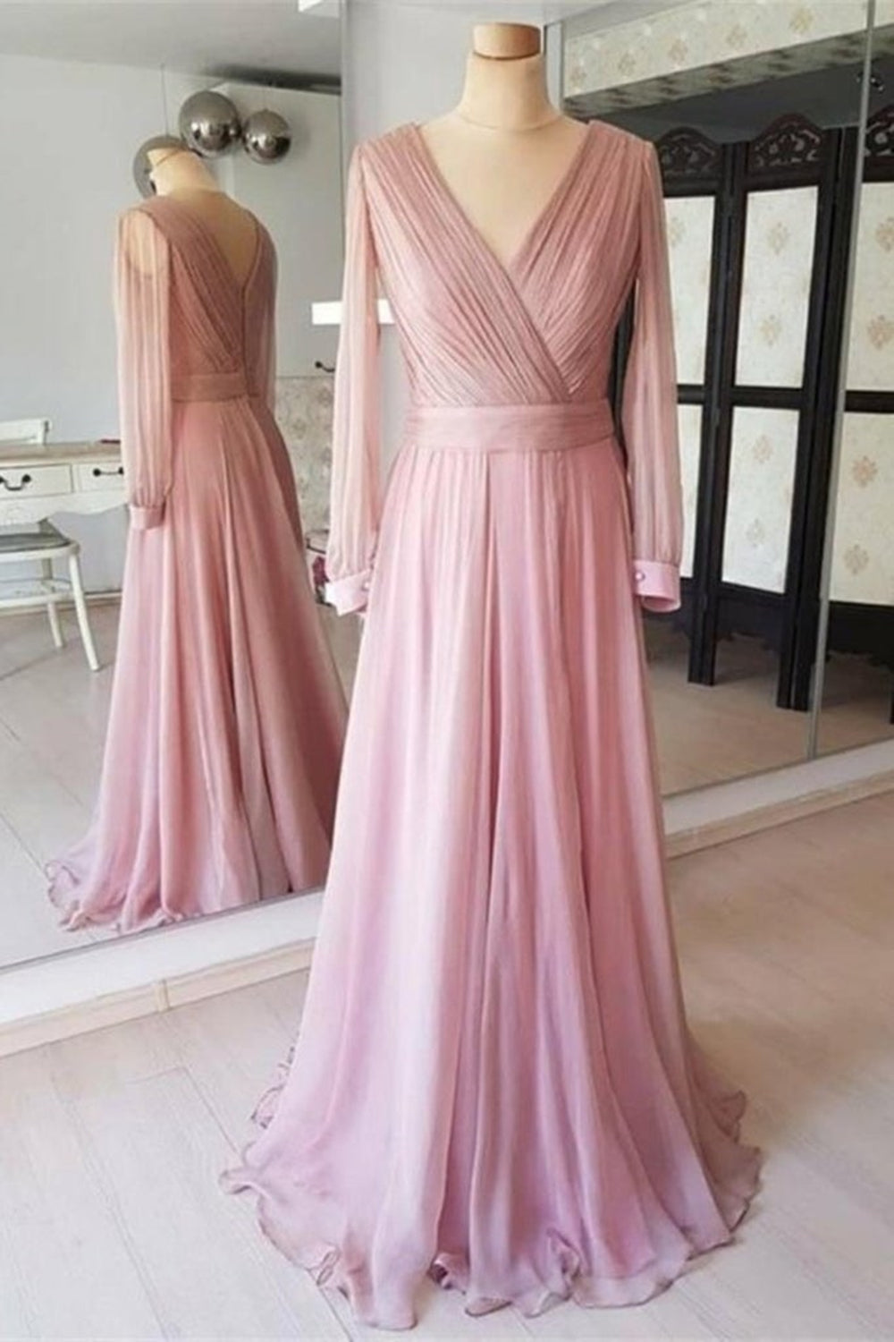 Unthony - Long Sleeves V Neck Pink Chiffon Long Prom Dress