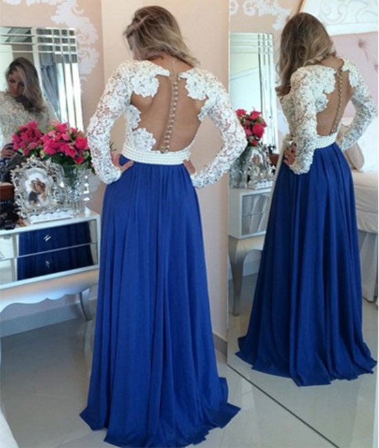 Unthony - A Line Long Sleeves White Lace Blue Prom Dresses