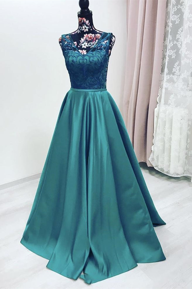 Unthony - Elegant V Neck Green Lace Long Prom Dress