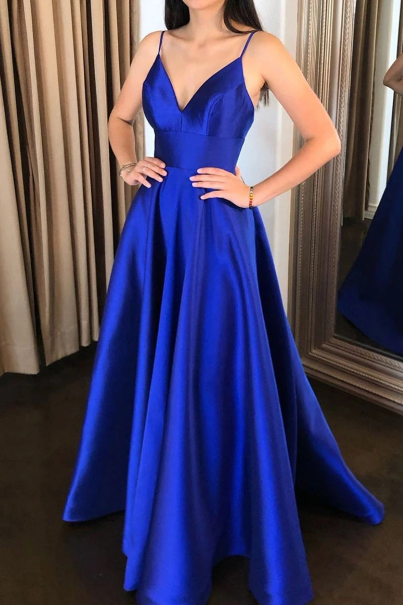 Unthony - A Line V Neck Royal Blue Satin Long Prom Dress