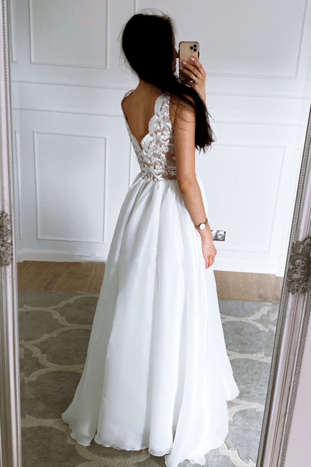 Unthony - A Line V Neck Open Back White Lace Long Prom Dress