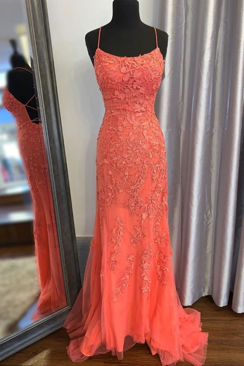 Unthony - Mermaid Backless Orange Lace Long Prom Dress