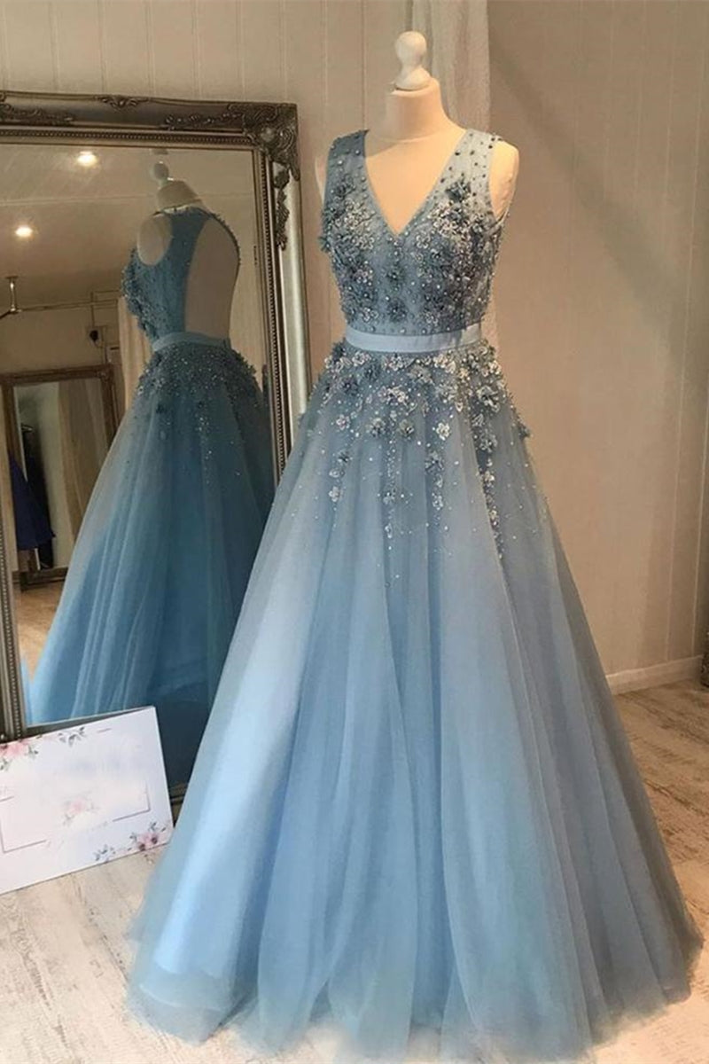 Unthony - V Neck Open Back Beaded Blue Long Prom Dress with 3D Flowers