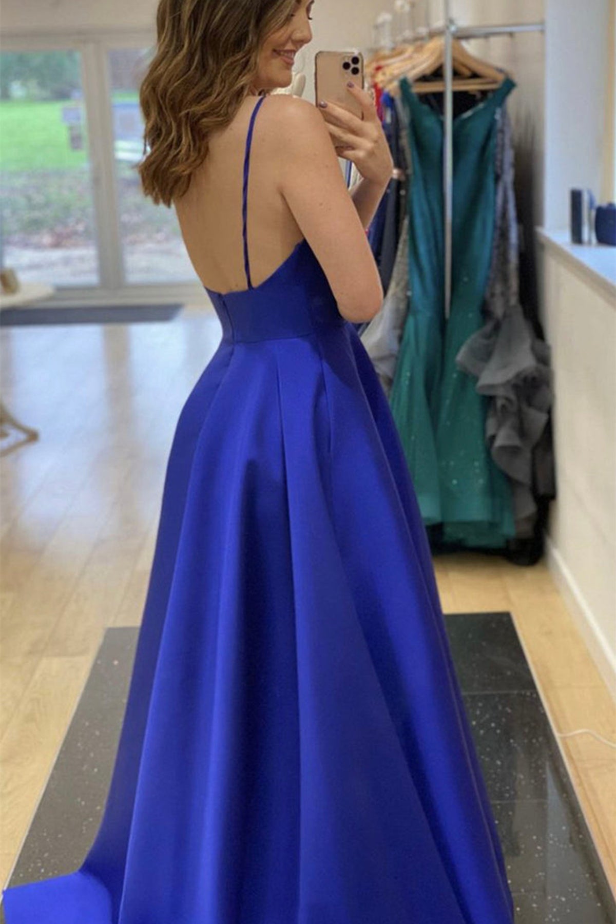 Unthony - A Line V Neck Open Back Blue Long Prom Dress