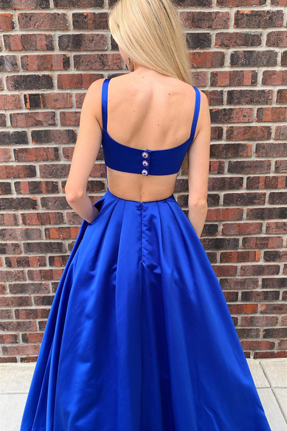 Unthony - Simple A Line Open Back Royal Blue Satin Long Prom Dress with Pocket