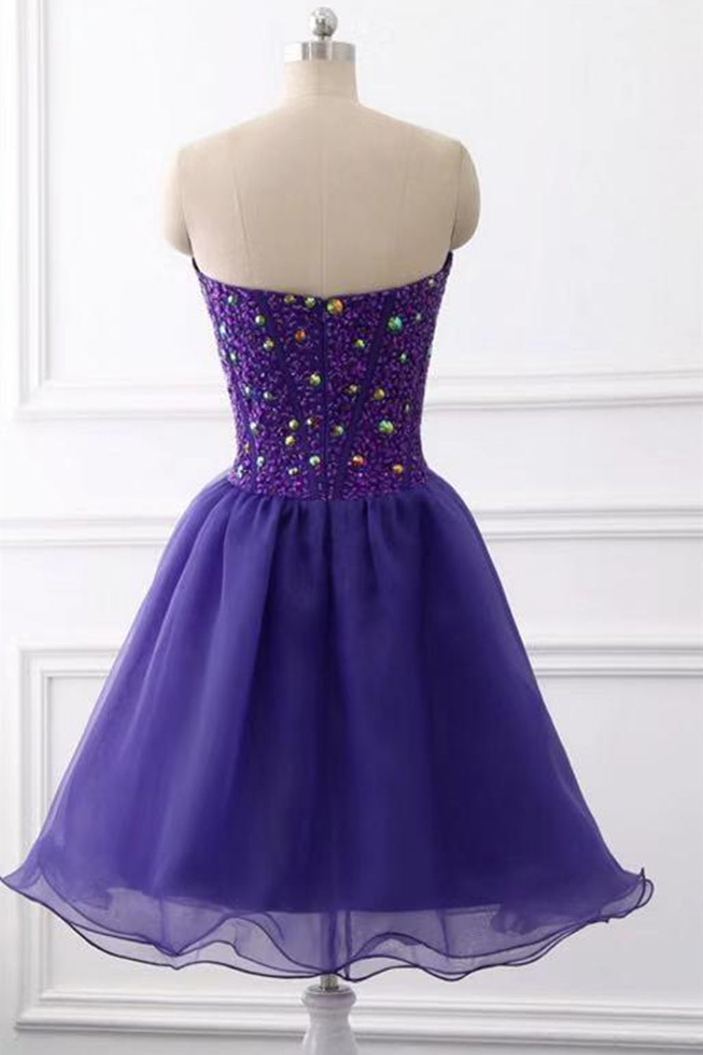 Unthony - Sweetheart Neck Beaded Dark Purple Short Prom Dress