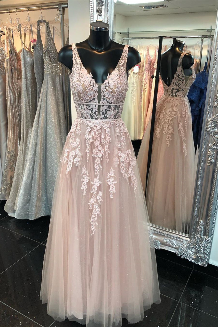 Unthony - Deep V Neck Backless Pink Lace Long Prom Dress
