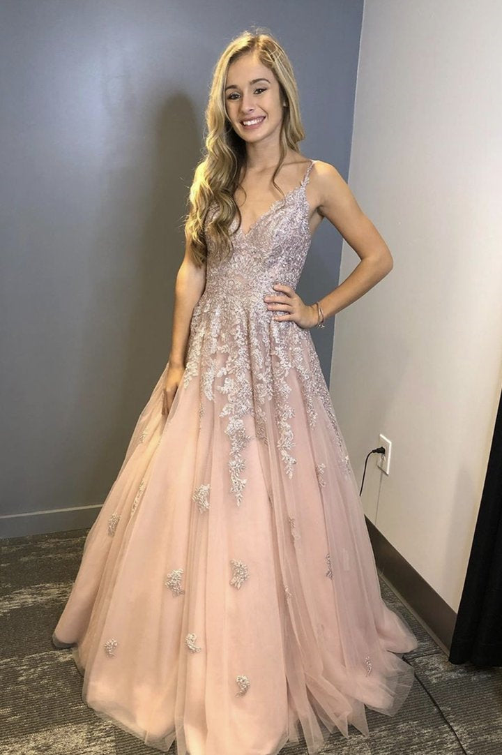 Unthony - A Line V Neck Pink Lace Long Prom Dress