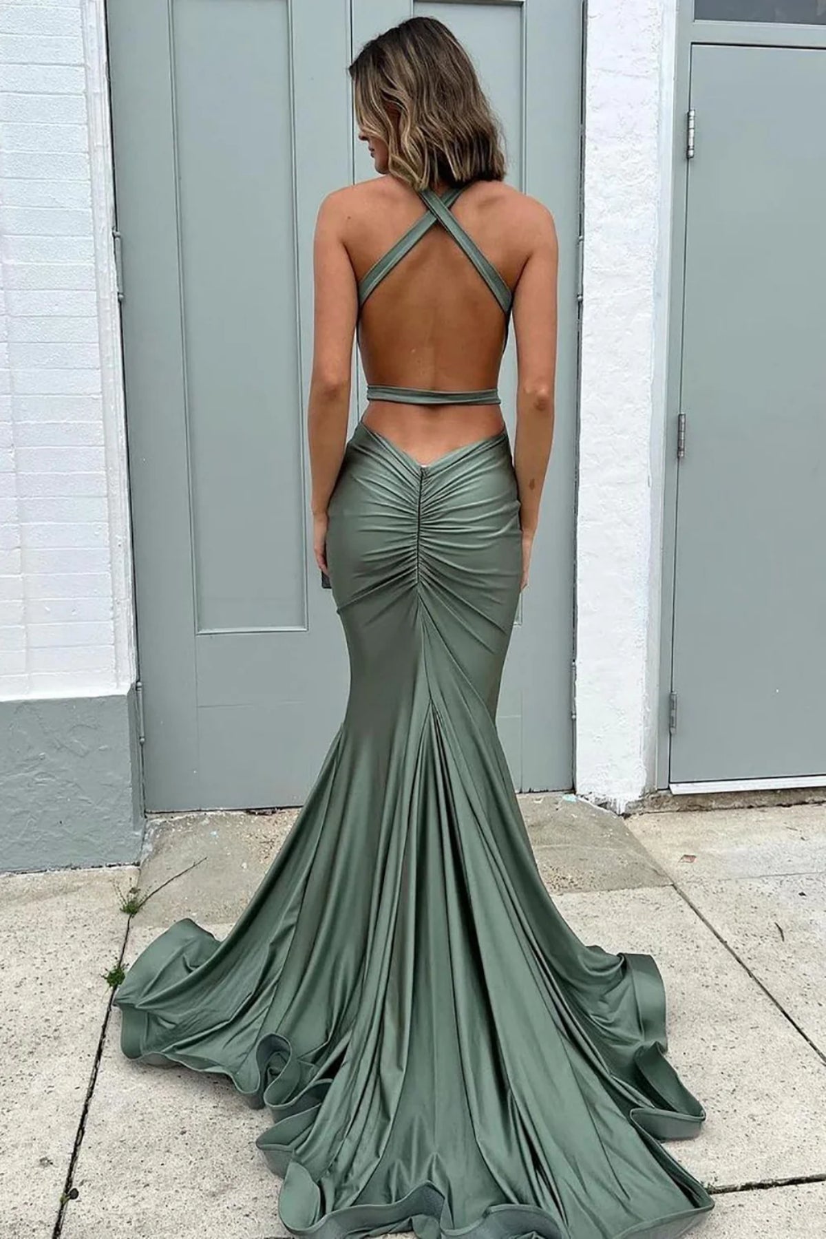 Unthony - V Neck Mermaid Open Back Sage Long Prom Dress