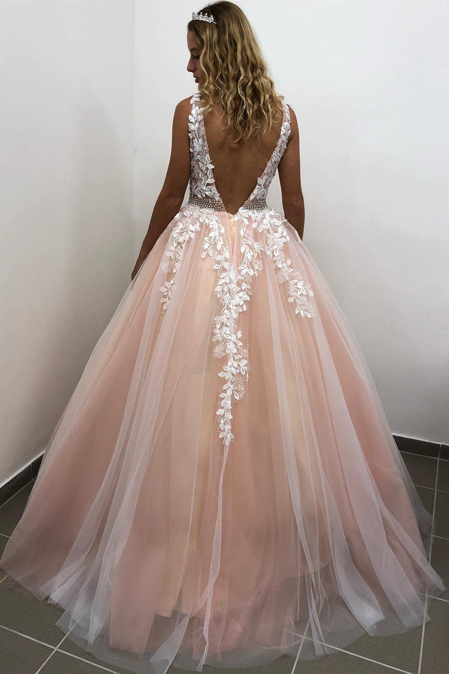 Unthony - A Line V Neck Open Back Pink Lace Appliques Long Prom Dress