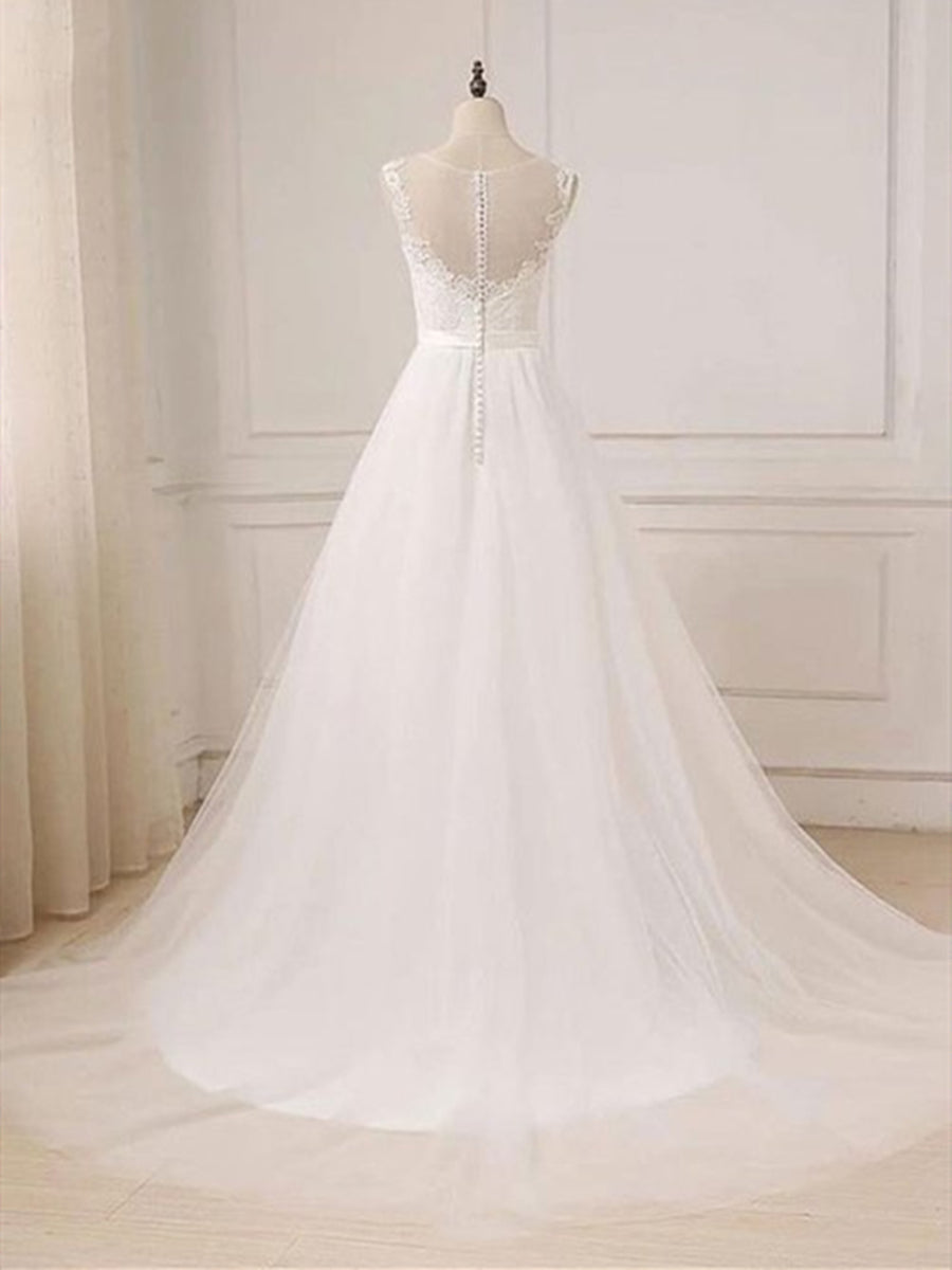 Unthony - Custom Made A Line Round Neck Lace Tulle White Long Prom Dresses