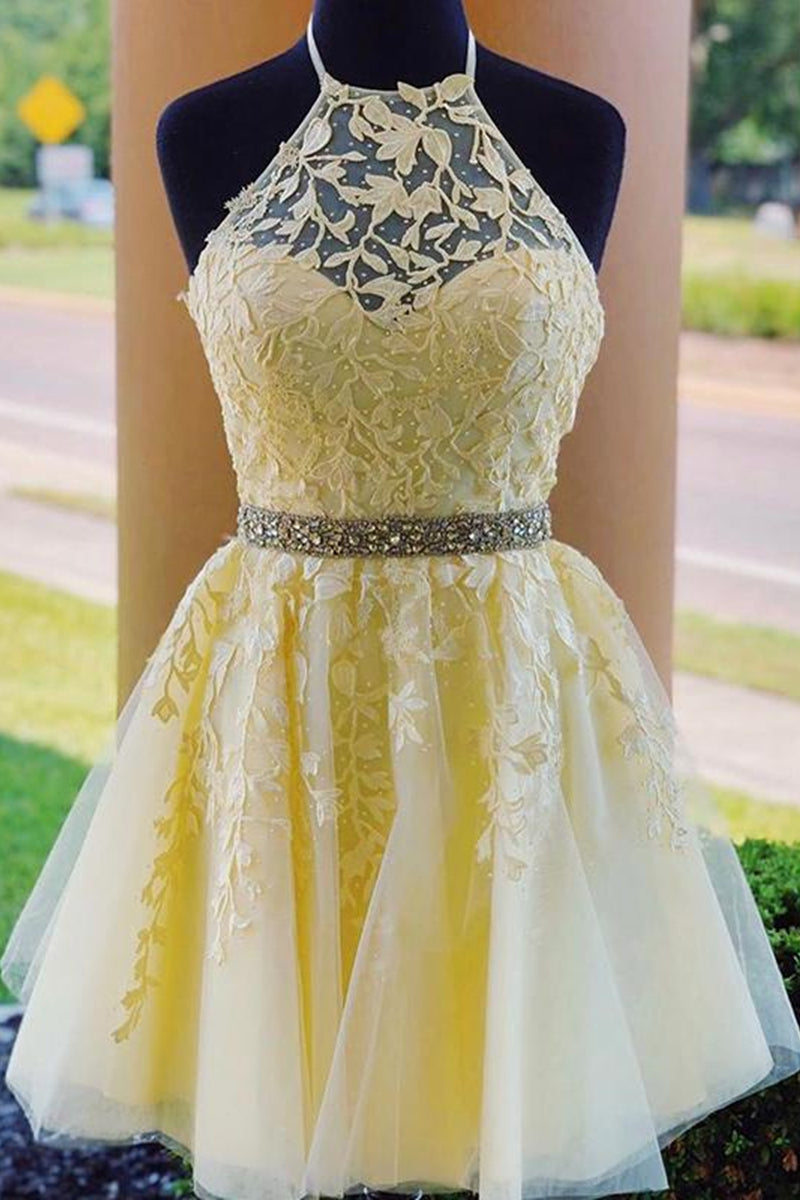 Unthony - Halter Neck Backless Short Yellow Lace Prom Dress