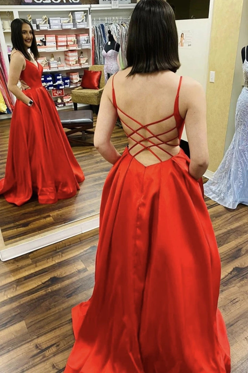 Unthony - V Neck Backless Red Satin Long Prom Dress with Pocket