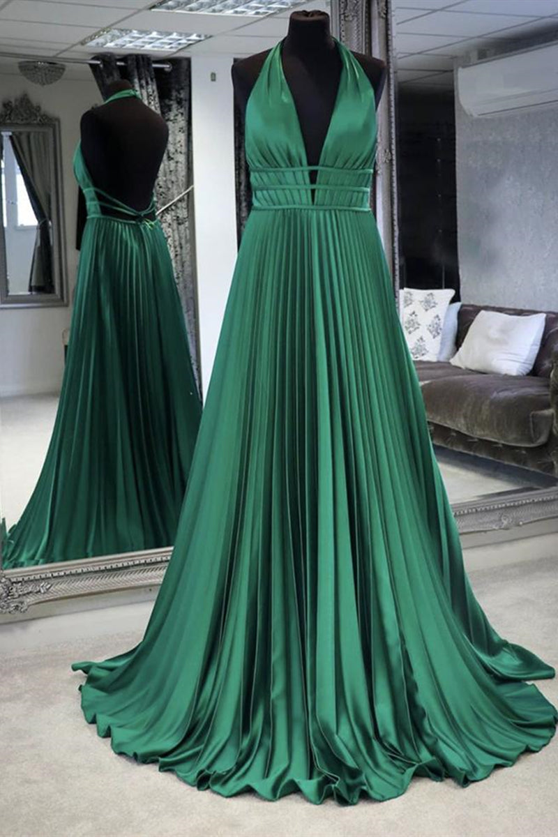Unthony - Halter V Neck Backless Emerald Green Satin Long Prom Dress