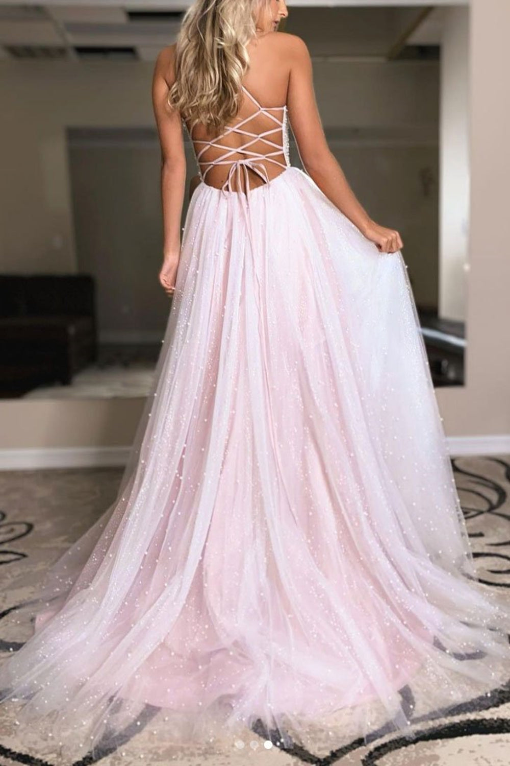 Unthony - Light Pink Deep V Neck Backless Beaded Long Prom Dress