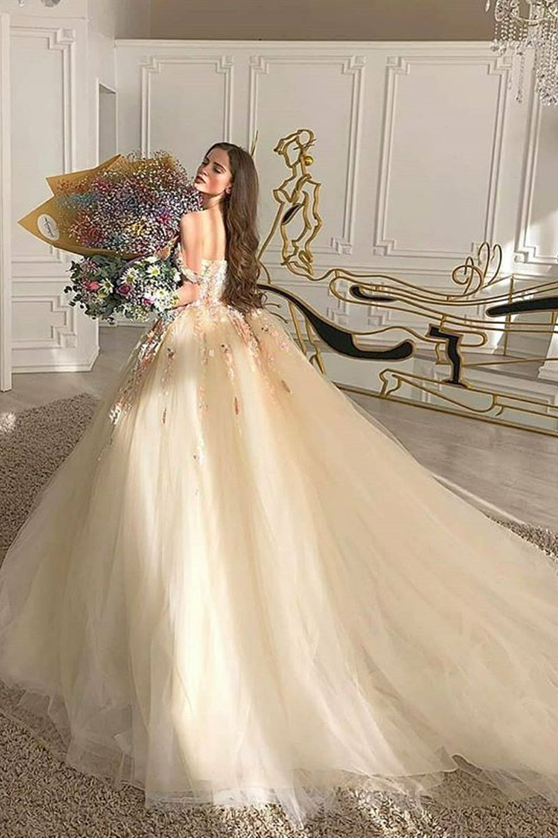 Unthony - Gorgeous Off Shoulder Champagne Lace Floral Prom Dress