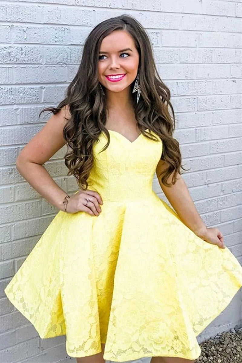 Unthony - Strapless Yellow Lace Short Prom Dress Homecoming Dress