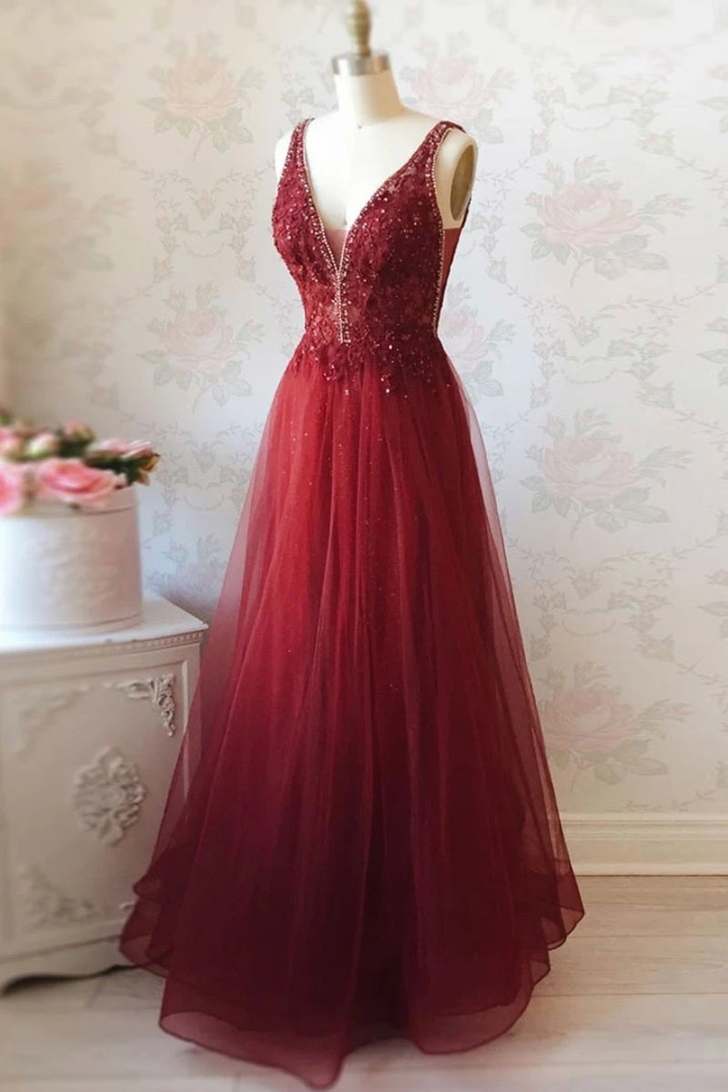 Unthony - A Line V Neck and V Back Long Beading Lace Burgundy Prom Dress