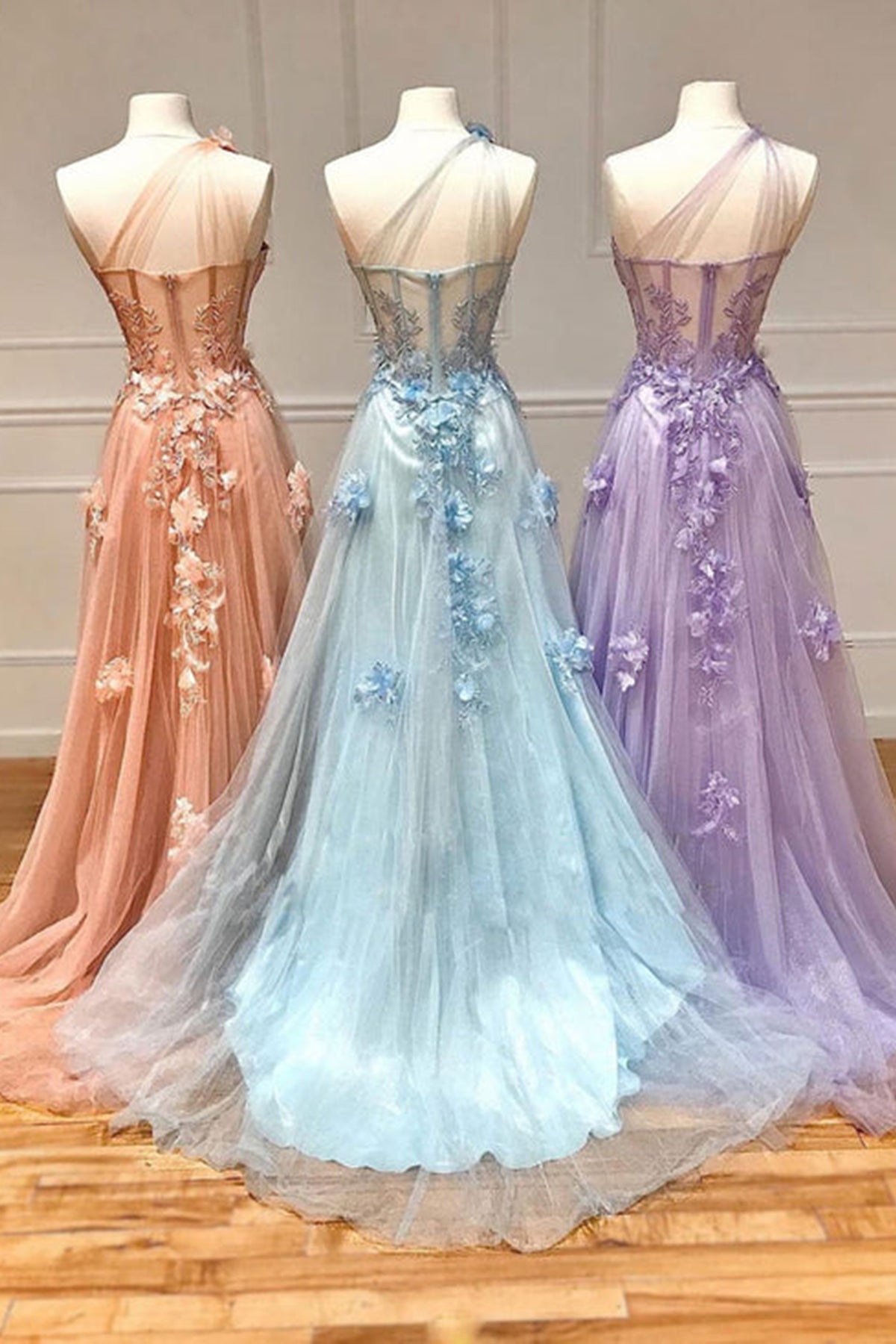 Unthony - One Shoulder Pink/Blue/Purple Floral Long Prom Dresses