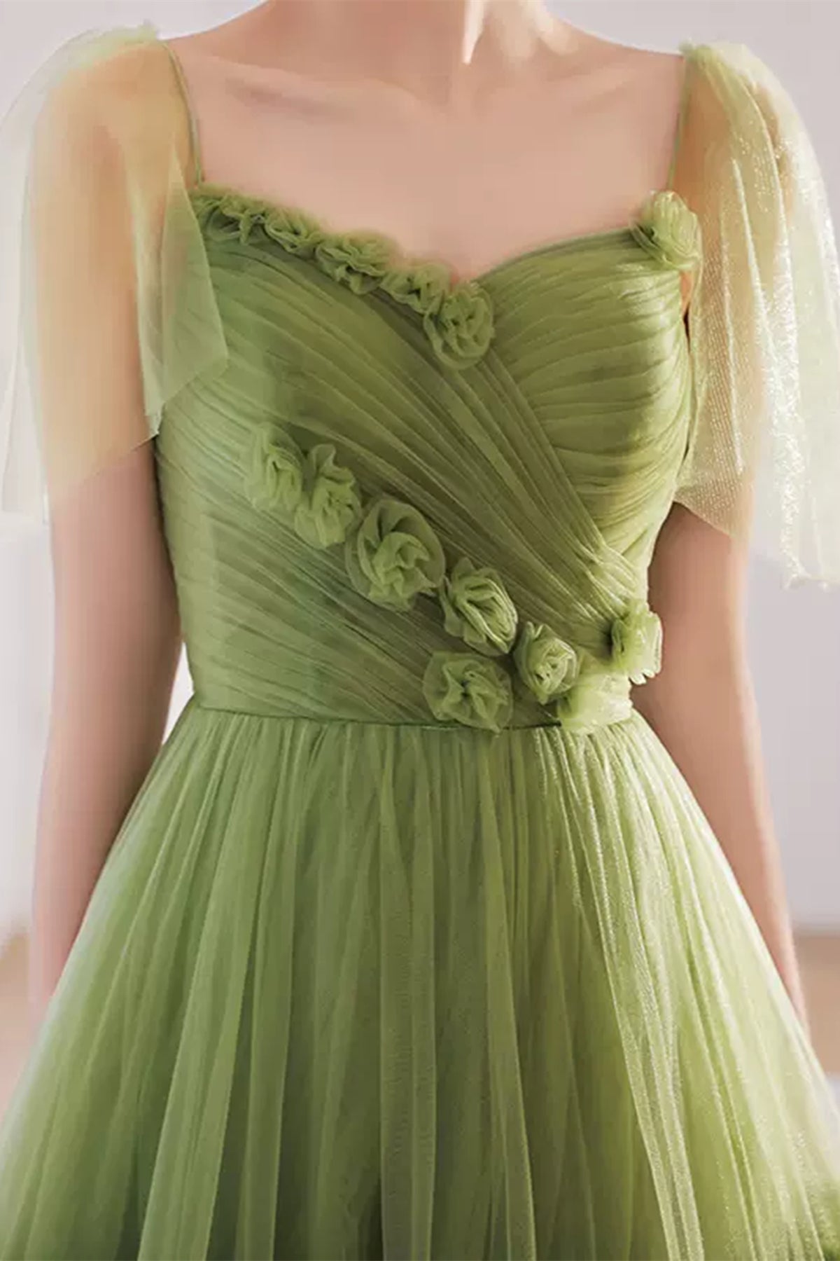 Unthony - Princess V Neck Green Tulle Long Prom Dress with 3D Flowers