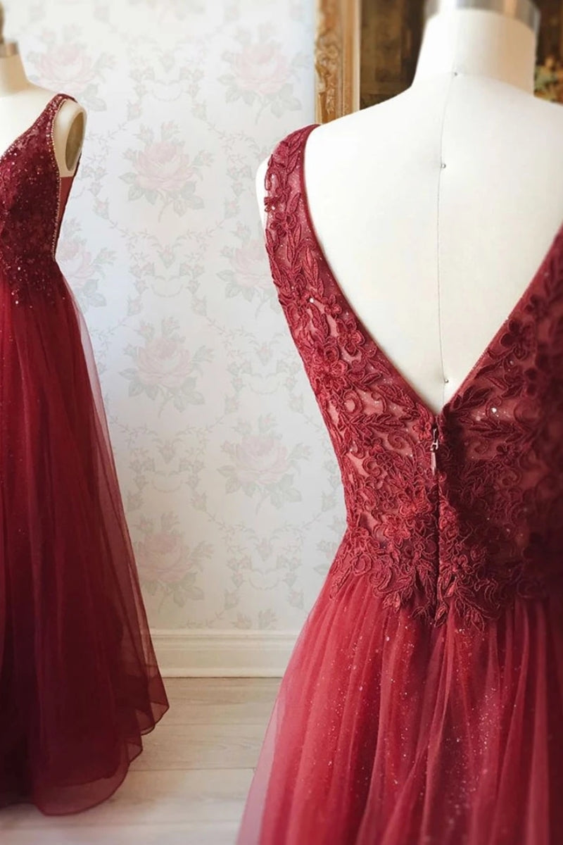 Unthony - A Line V Neck and V Back Long Beading Lace Burgundy Prom Dress