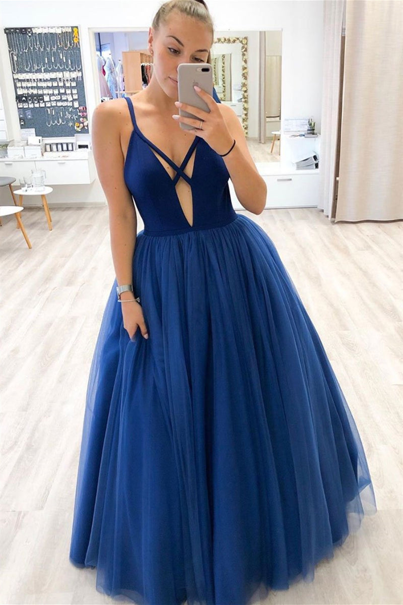 Unthony - Unique A Line Royal Blue Tulle Long Prom Dress