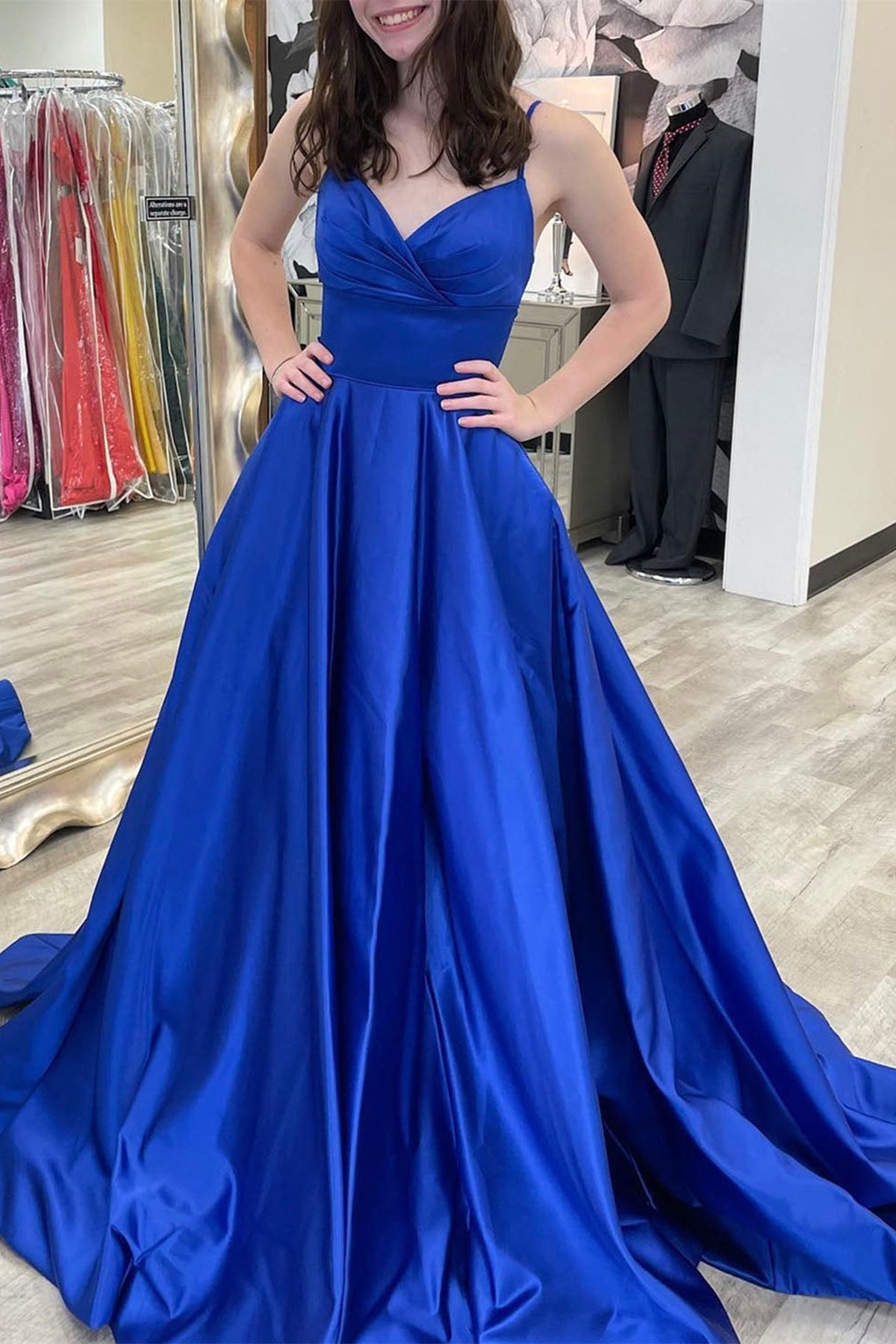 Unthony - V Neck Backless Royal Blue Satin Long Prom Dress