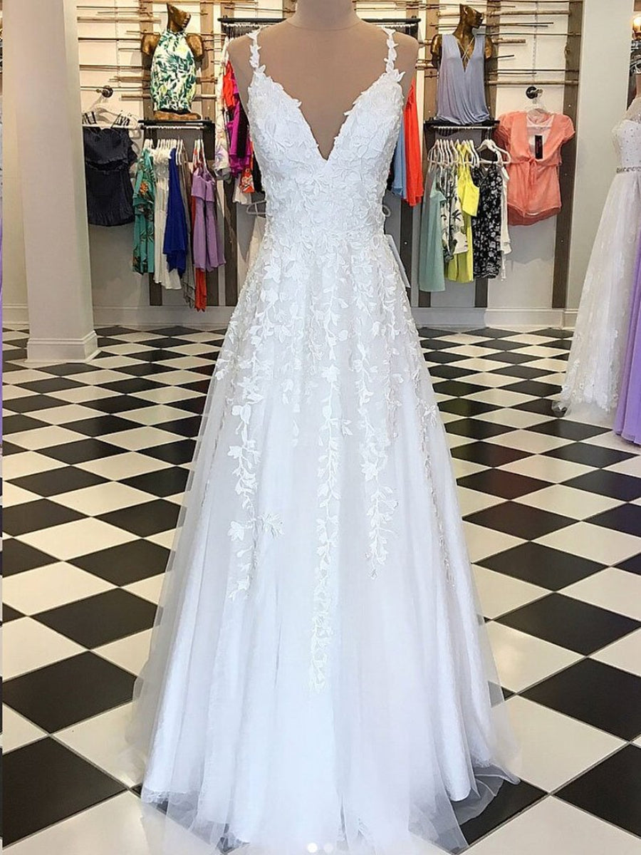 Unthony - A Line V Neck Floor Length Lace White Long Prom Dresses