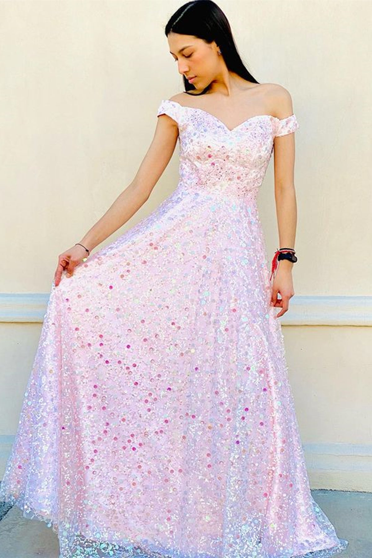 Unthony - Gorgeous Off Shoulder Pink Lace Floral Long Prom Dress